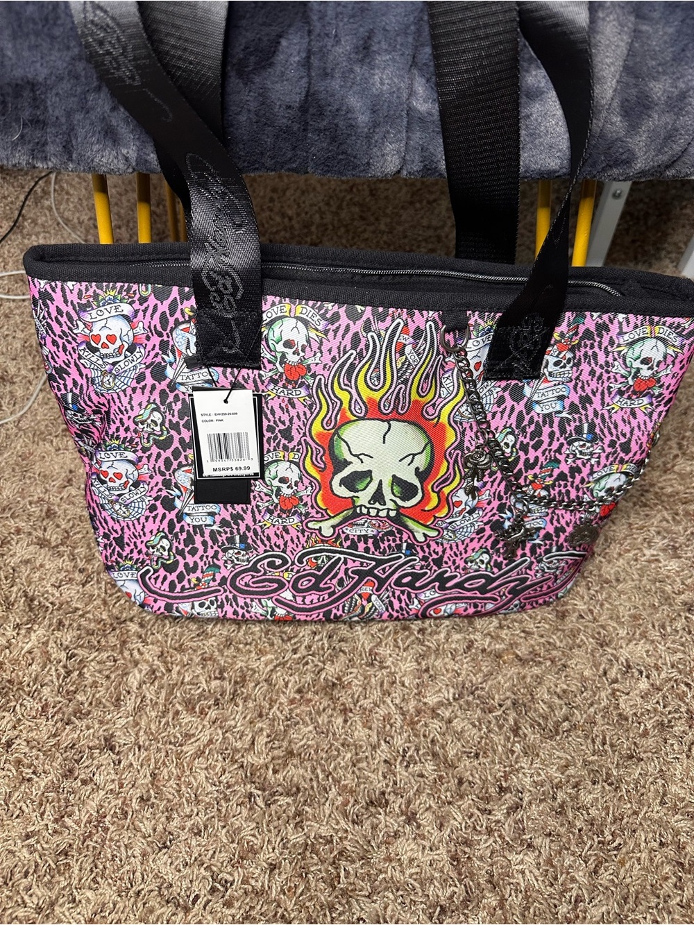 Ed Hardy Pink Leopard Flaming Skull Tote